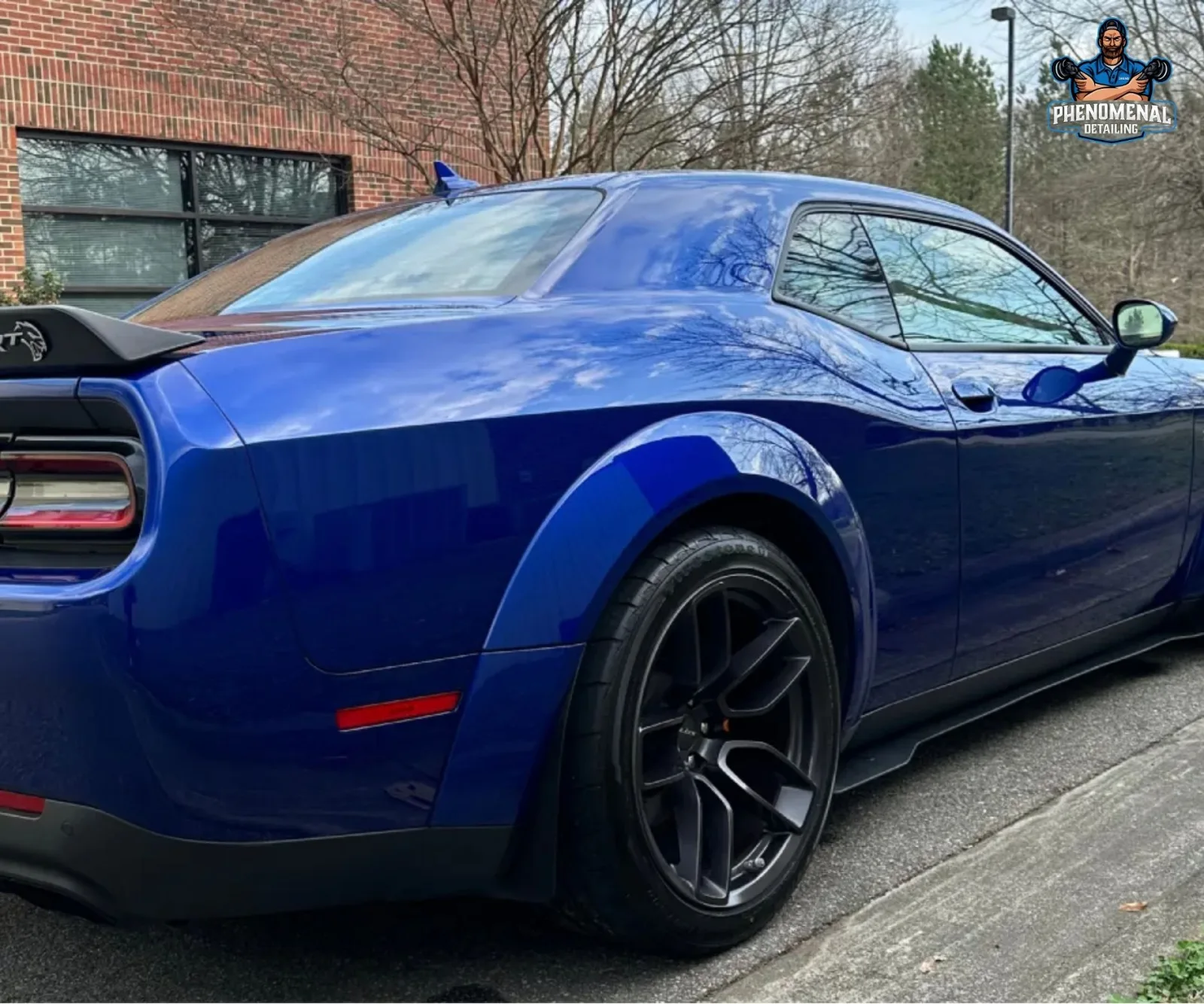 Rear side view of a dark blue Dodge Challenger displaying clean exterior gloss and wide rear fender.