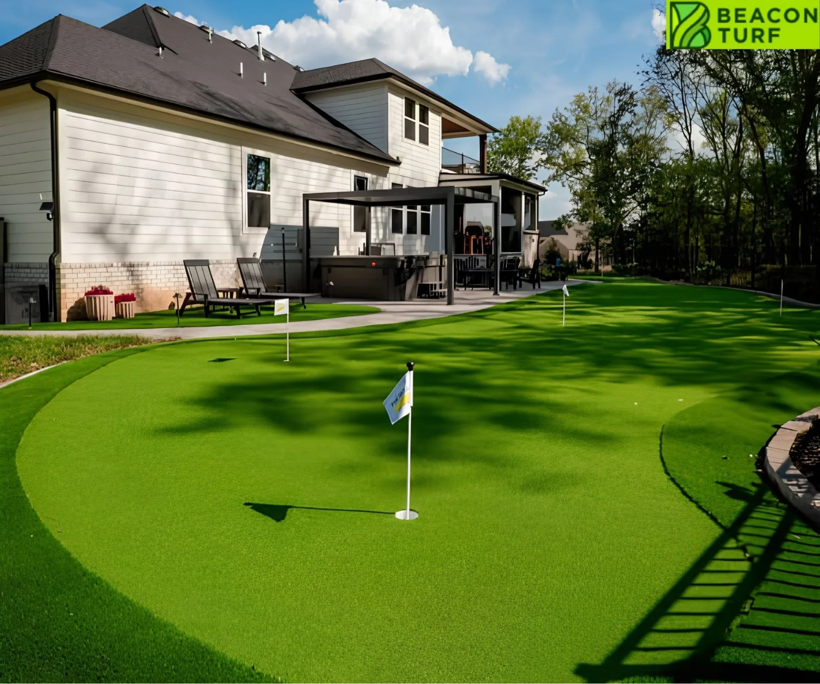 Large residential backyard featuring a manicured artificial turf putting green with small target flags.