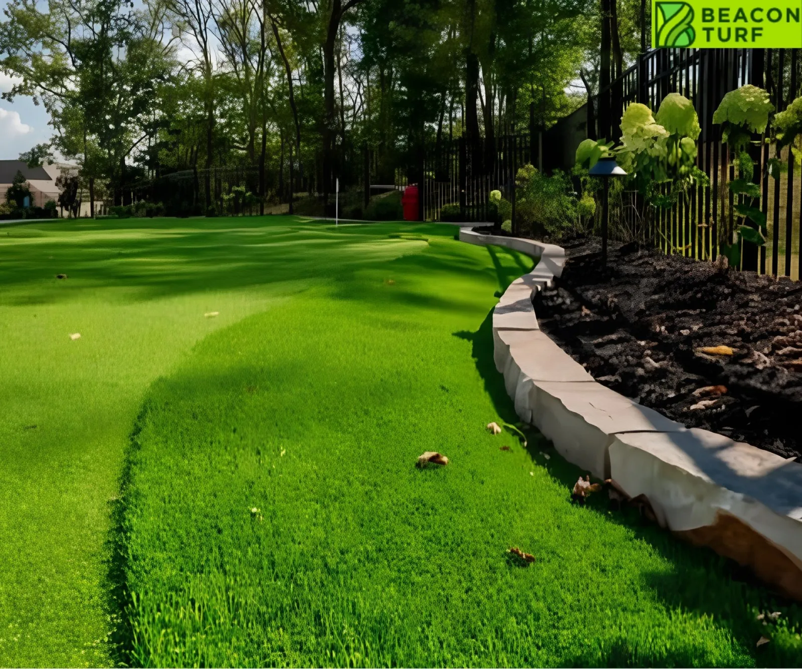 Detailed view of artificial turf lawn edging along a stone retaining wall and mulch garden bed.